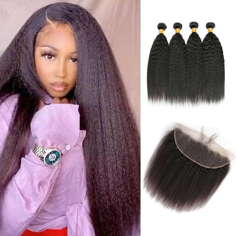 Amanda Malaysian Hair Kinky Straight 4 paquetes con 13 * 4 Frontal de encaje 9A Grado 100% Cabello humano sin procesar