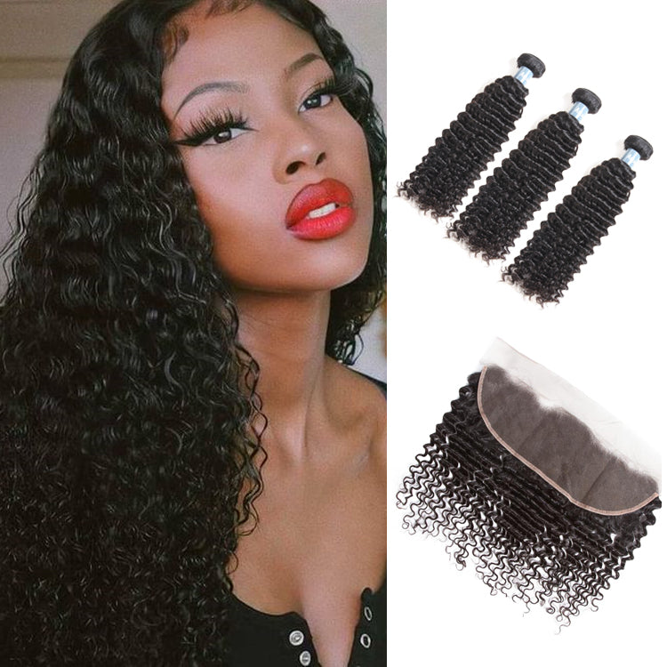 Amanda Peruvian Hair Kinky Curly 3 Bundles With 13*4 Lace Frontal 9A Grade 100% Unprocessed Human Hair Extensions