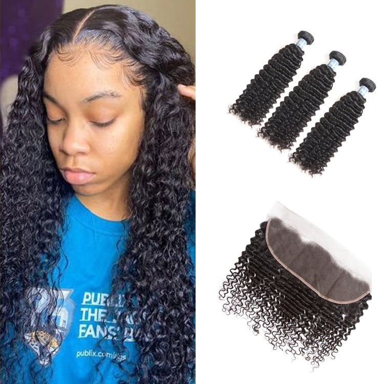 Amanda Malaysian Hair Kinky Curly 3 paquetes con 13 * 4 Frontal de encaje 9A Grado 100% Extensiones de cabello humano sin procesar