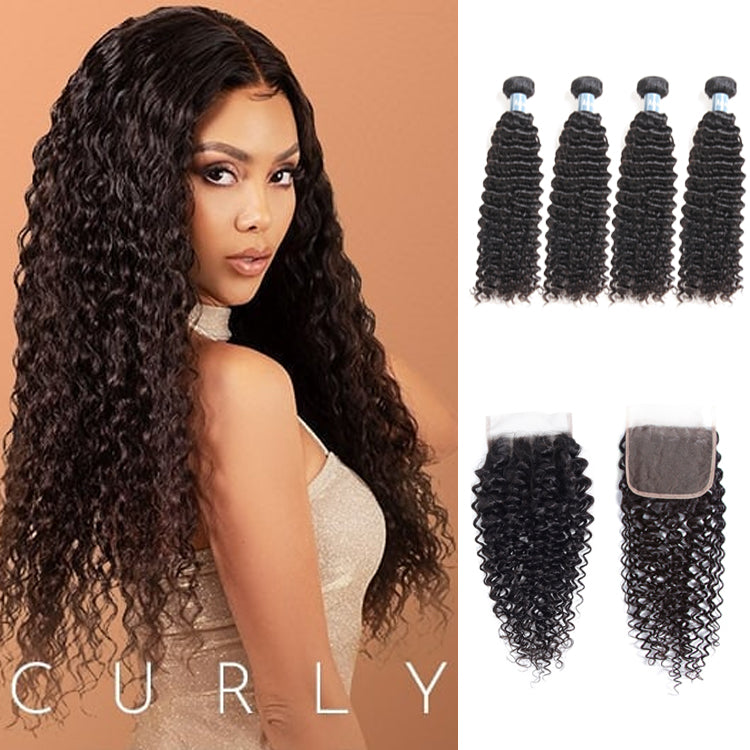 Amanda Indian Hair Kinky Curly 4 paquetes con 4 * 4 Cierre de encaje 9A Grado 100% Cabello humano sin procesar