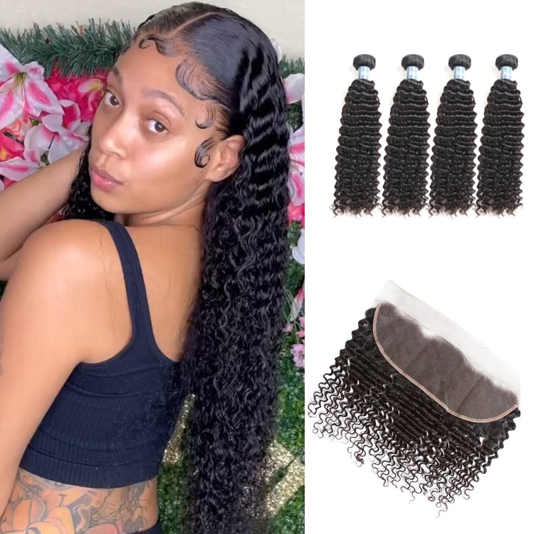 Amanda Peruvian Hair Kinky Curly 4 Bundles With 13*4 Lace Frontal 9A Grade 100% Unprocessed Human Hair