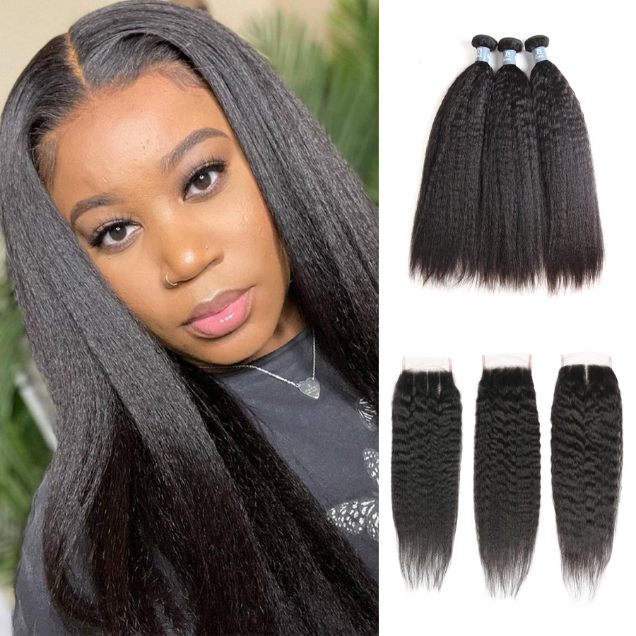 Amanda Mongolian Hair Kinky Straight 3 Bundles With 4*4 Lace Closure 9A Grade 100% Unprocessed Human Hair