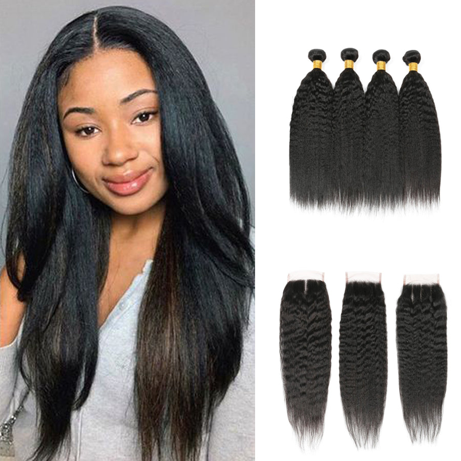 Amanda Mongolian Hair Kinky Straight 4 paquetes con 4 * 4 Cierre de encaje 9A Grado 100% Cabello humano sin procesar Artículo caliente