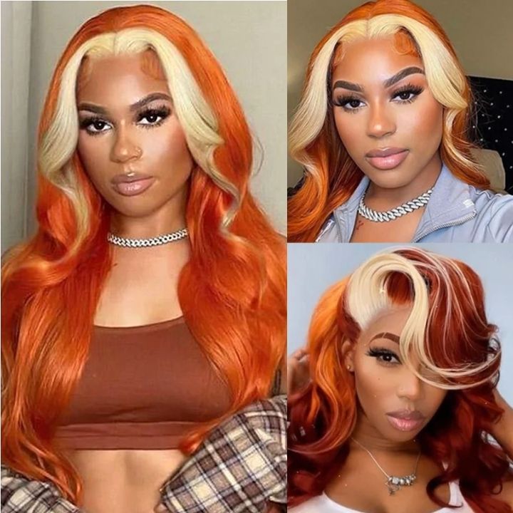 HD Highlight 613 perruques de vague de corps de couleur blonde Orange gingembre 13x4 perruques avant en dentelle avec des cheveux de bébé 150% densité-Amanda cheveux