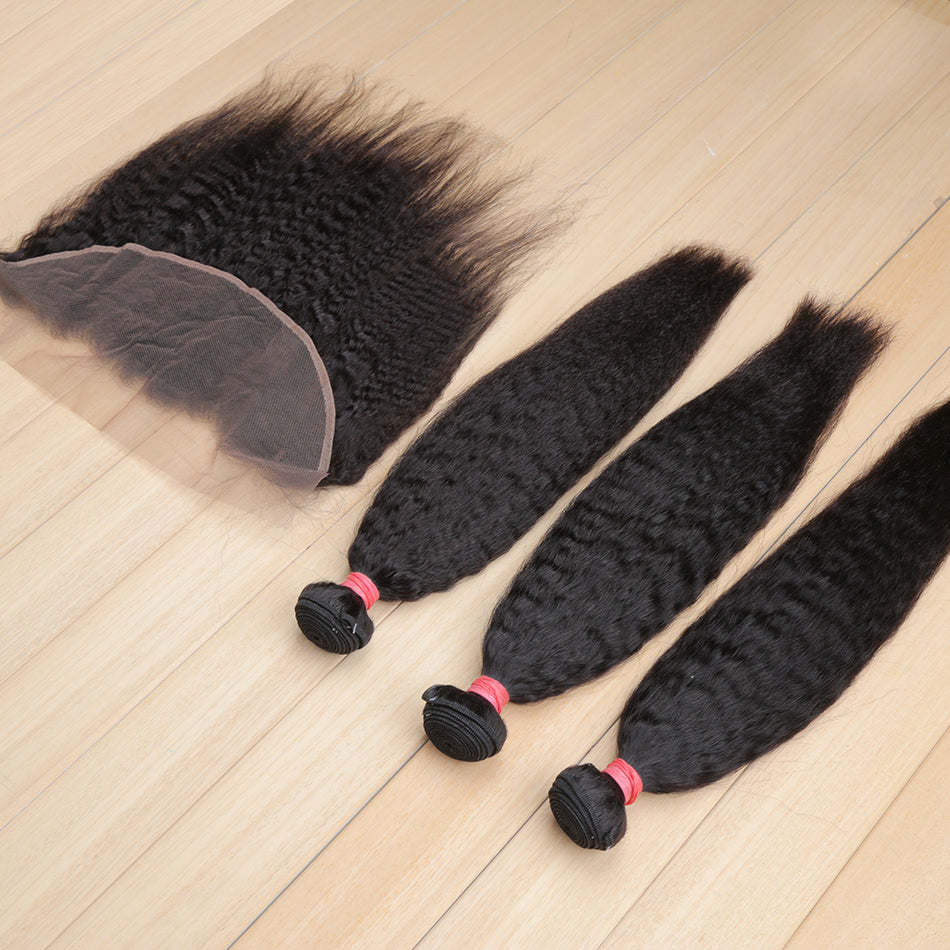 Amanda Indian Hair Kinky Straight 3 paquetes con 13 * 4 Frontal de encaje 9A Grado 100% Cabello humano sin procesar Artículo caliente