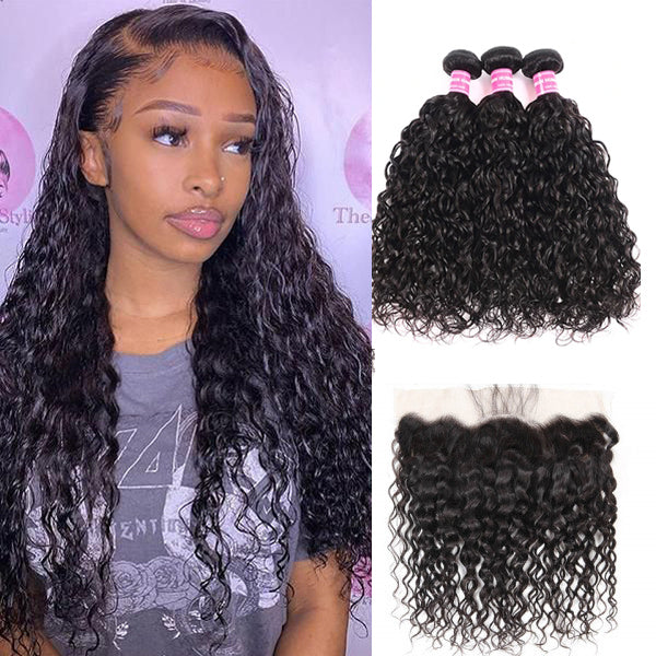 Amanda Indian Hair Water Wave 3 Bundles With 13*4 Lace Frontal 10A Grade 100% Remi Human Hair Attractive Curly Wave Hair