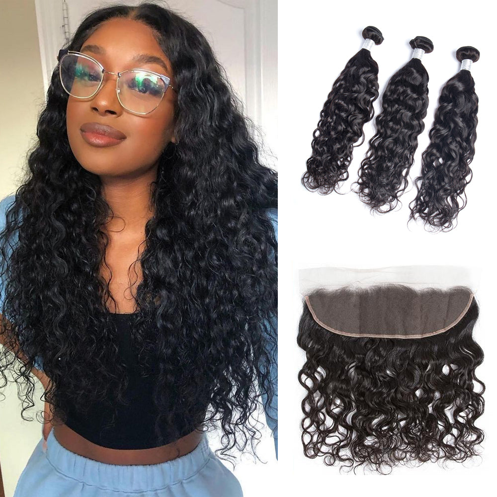 Amanda Indian Hair Water Wave 3 Bundles With 13*4 Lace Frontal 9A Grade 100% Unprocessed Human Hair