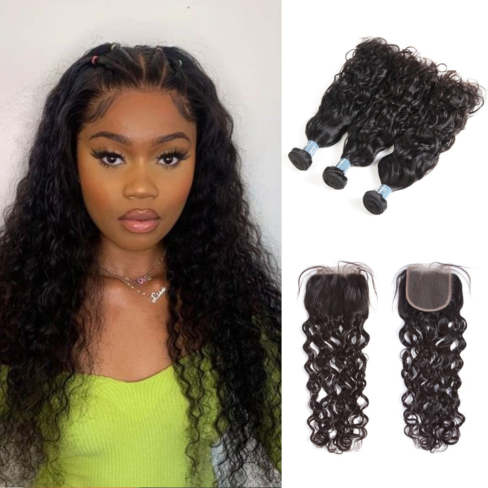 Brazilian Water Wave Hair 3 Bundles With 4*4 Lace Closure 9A Grade 100% Unprocessed Human Hair - Amanda Hair