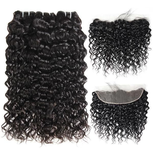 Amanda Mongolian Hair Water Wave 4 Bundles With 13*4 Lace Frontal 10A Grade 100% Remi Human Hair Soft Shiny Wave Hair