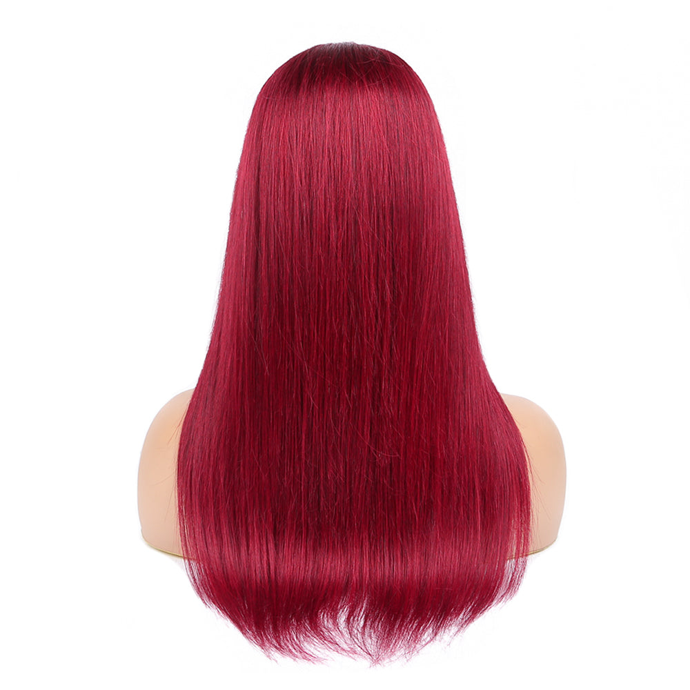 Amanda Glueless Straight Human Hair 99J Burgundy Color Full Machine Made Wigs With Bangs