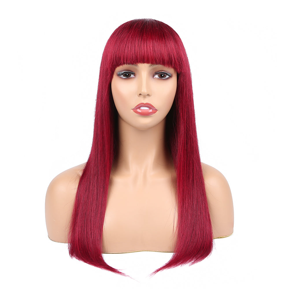 Amanda Glueless Straight Human Hair 99J Burgundy Color Full Machine Made Wigs With Bangs