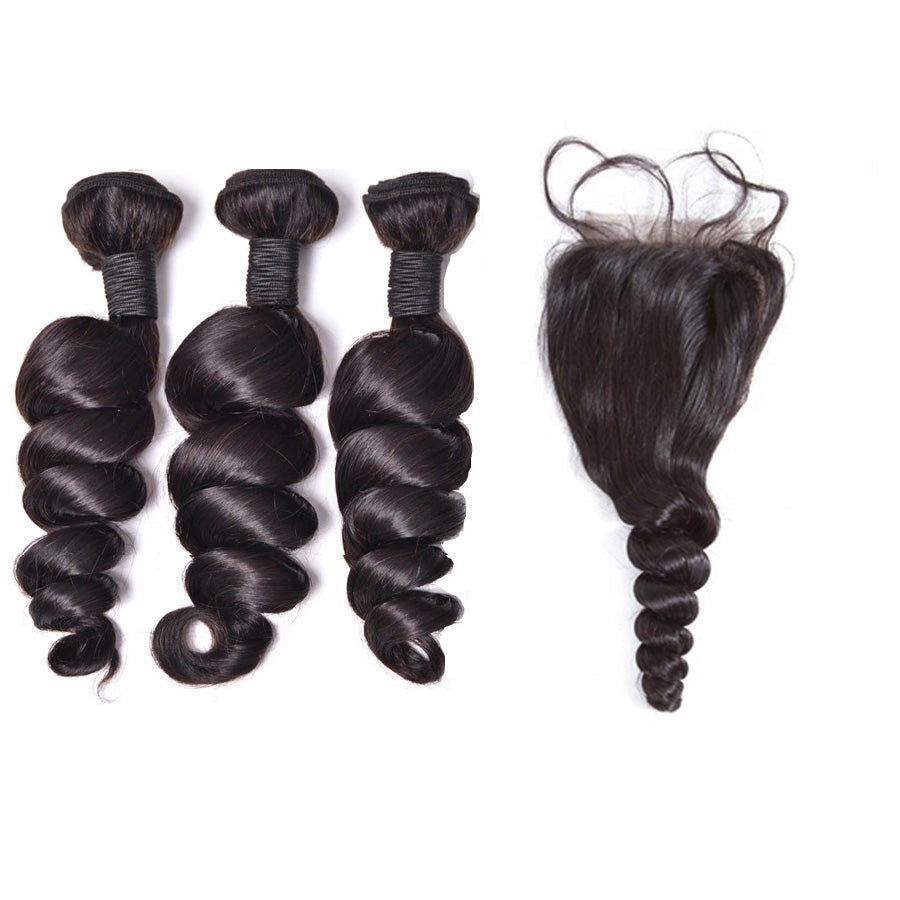 Amanda Indian Hair Loose Wave 4 paquetes con 4 * 4 Cierre de encaje 9A Grado 100% Cabello humano sin procesar