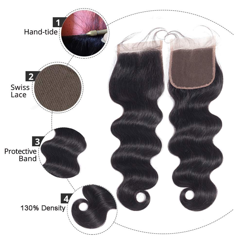Cabello brasileño ondulado corporal, 3 paquetes con cierre de encaje 4*4, cabello humano 100 % sin procesar de grado 9A - Amanda Hair 