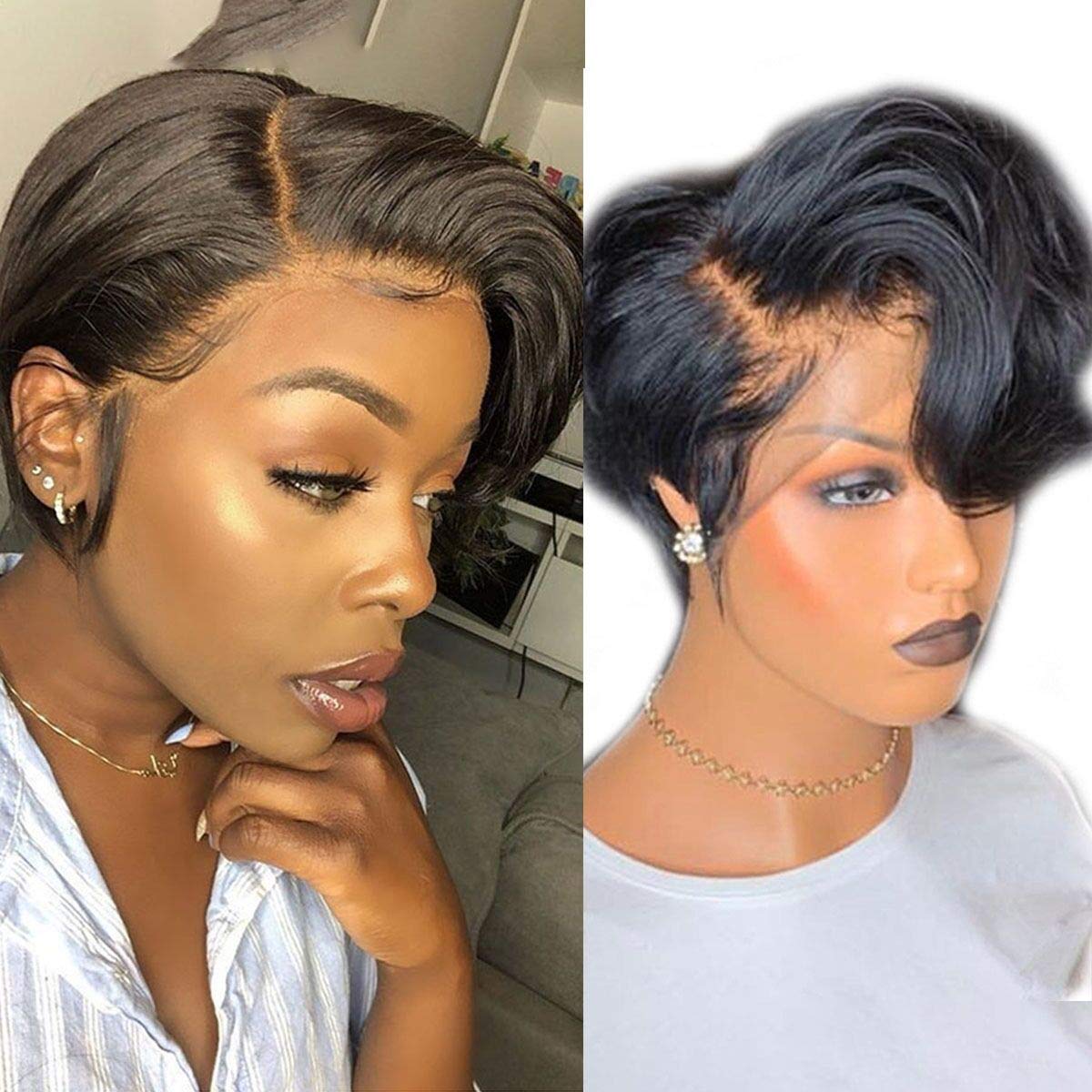 Straight Short Bob Side Part Lace Front Pixie Cut Wigs With Bang Cuticle Aligned Glueless Transparent J Shape Lace Bob Wig - Amanda Hair