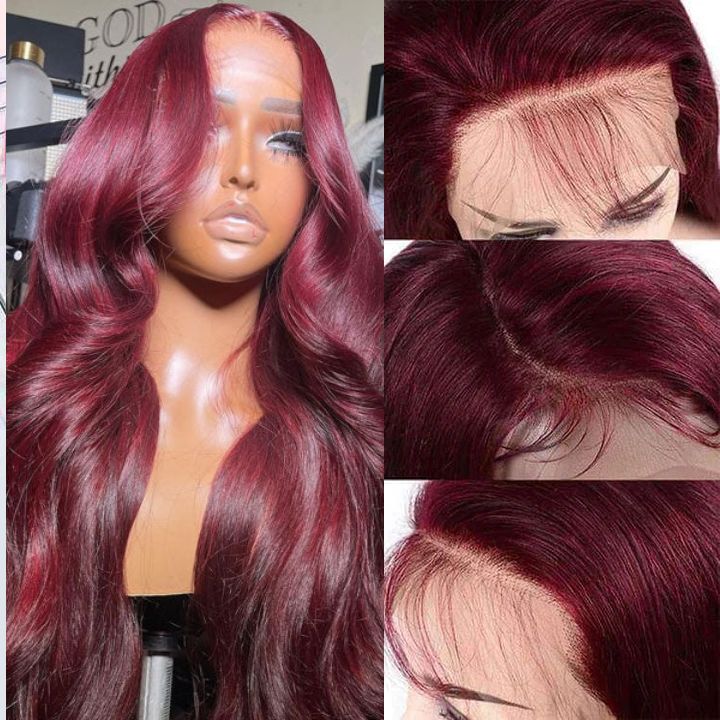Glueless 99J Borgoña Body Wave HD Transparente 13x4 Frente de encaje /6x4.5 Cierre Colord Peluca roja -Amanda Hair