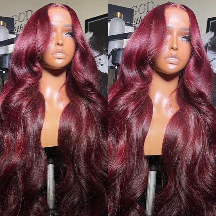 Glueless 99J Bourgogne Body Wave HD Transparent 13x4 Lace Front / 6x4.5 Fermeture Colord Red Wig -Amanda Hair
