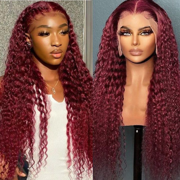 Glueless Burgundy Lace Front Wig 99J Curly Human Hair Wigs Colored HD Transparent 13X4 Lace Frontal Wig Preplucked Red Hair Wig-Amanda Hair