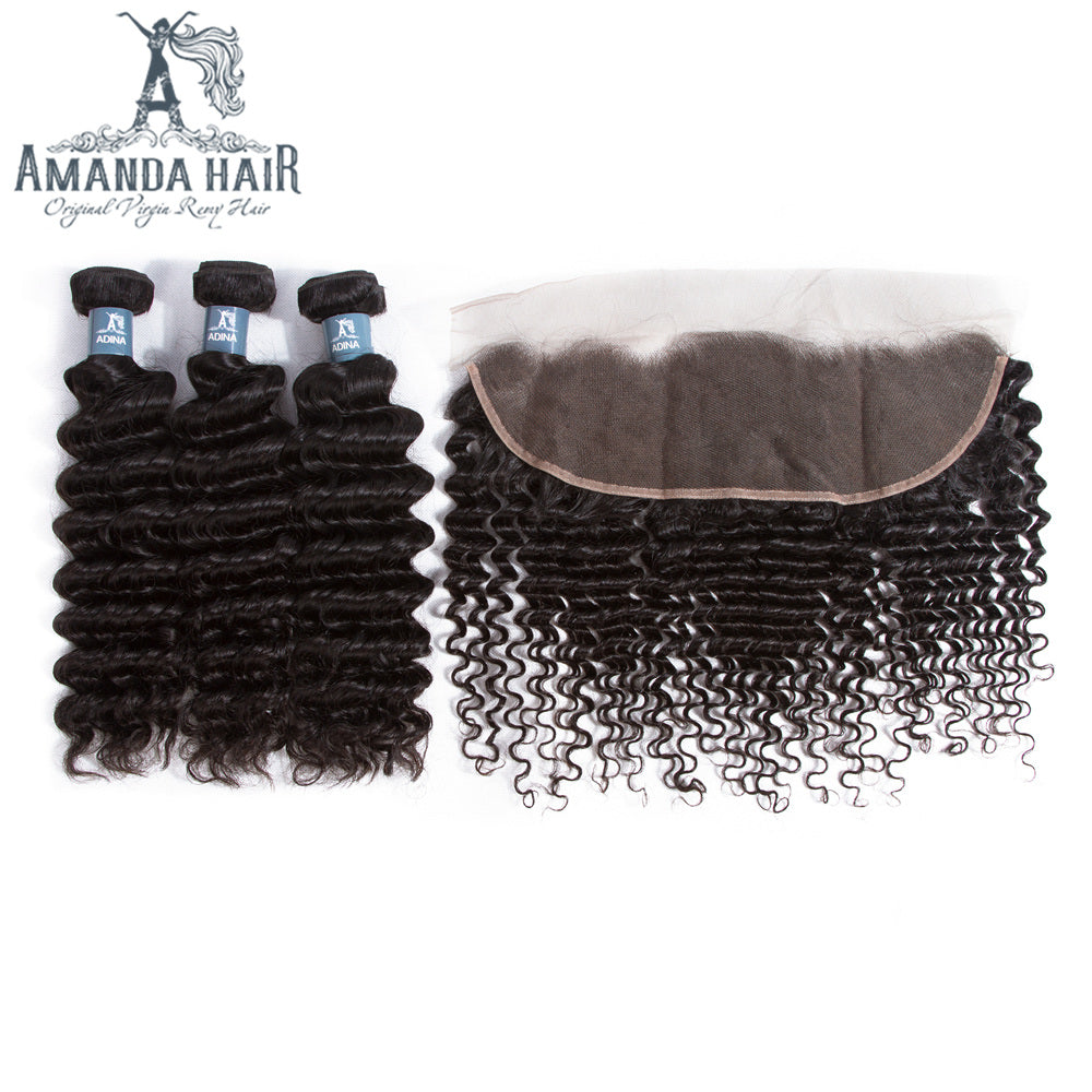 Amanda Indian Hair Deep Wave 3 paquetes con 13 * 4 Frontal de encaje 9A Grado 100% cabello humano sin procesar