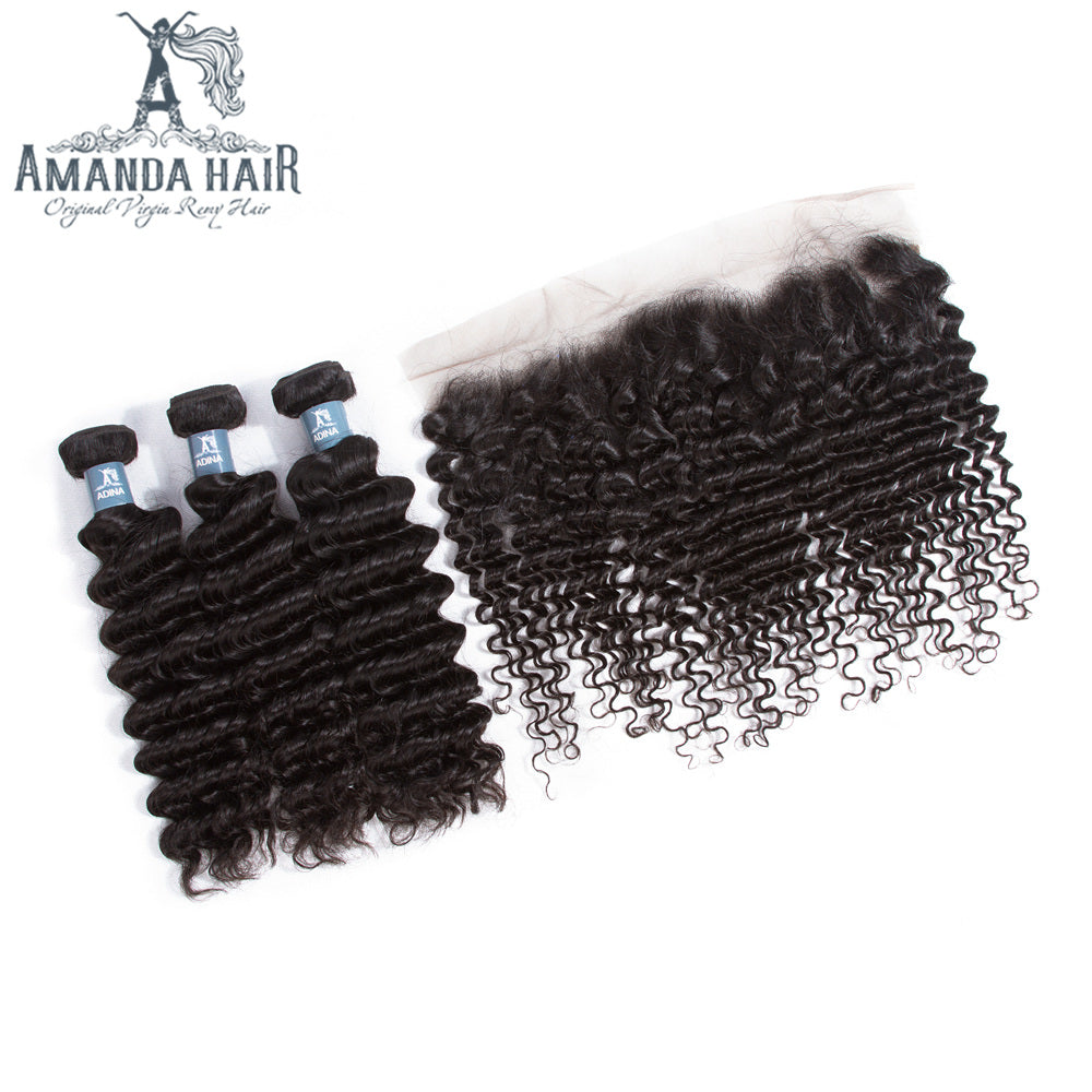 Cheveux mongols Amanda Deep Wave 4 faisceaux avec 13 * 4 dentelle frontale 9A Grade 100% cheveux humains non transformés