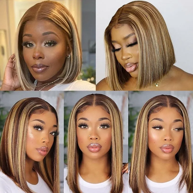 Cheveux raides Honey Blonde Highlight Bob Wig 13 * 4 Lace Frontal Colored Wigs-Amanda Hair