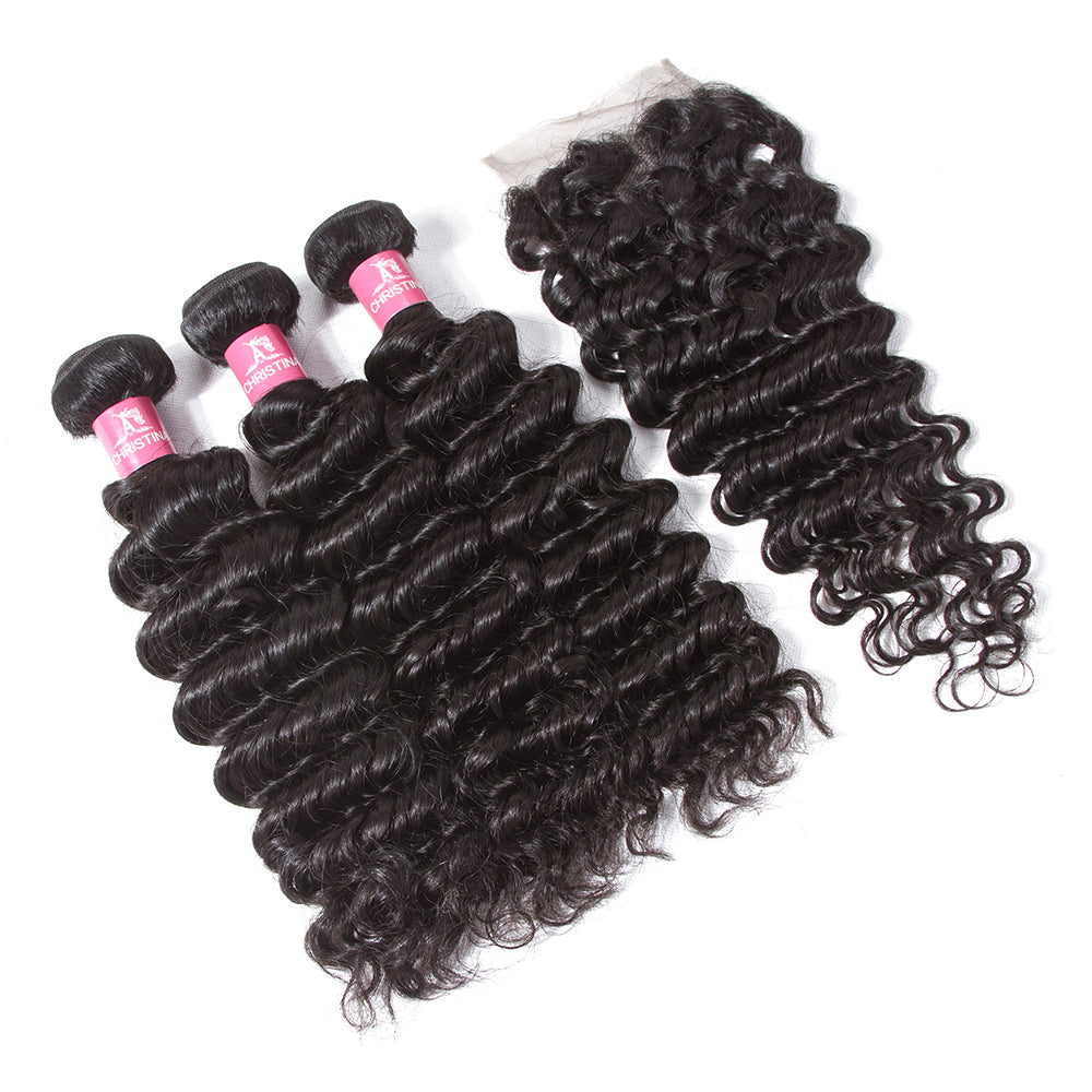 Amanda Peruvian Hair Kinky Curly 3 Bundles With 4*4 Lace Closure 10A Grade 100% Remi Human Hair Soft Shiny Wave Hair