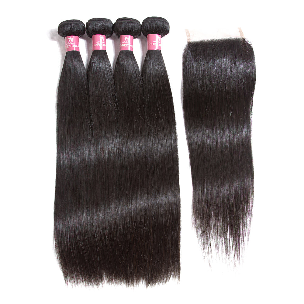 Cheveux raides péruviens Amanda 4 faisceaux avec fermeture à lacet 4*4 10A Grade 100% cheveux humains Remy 