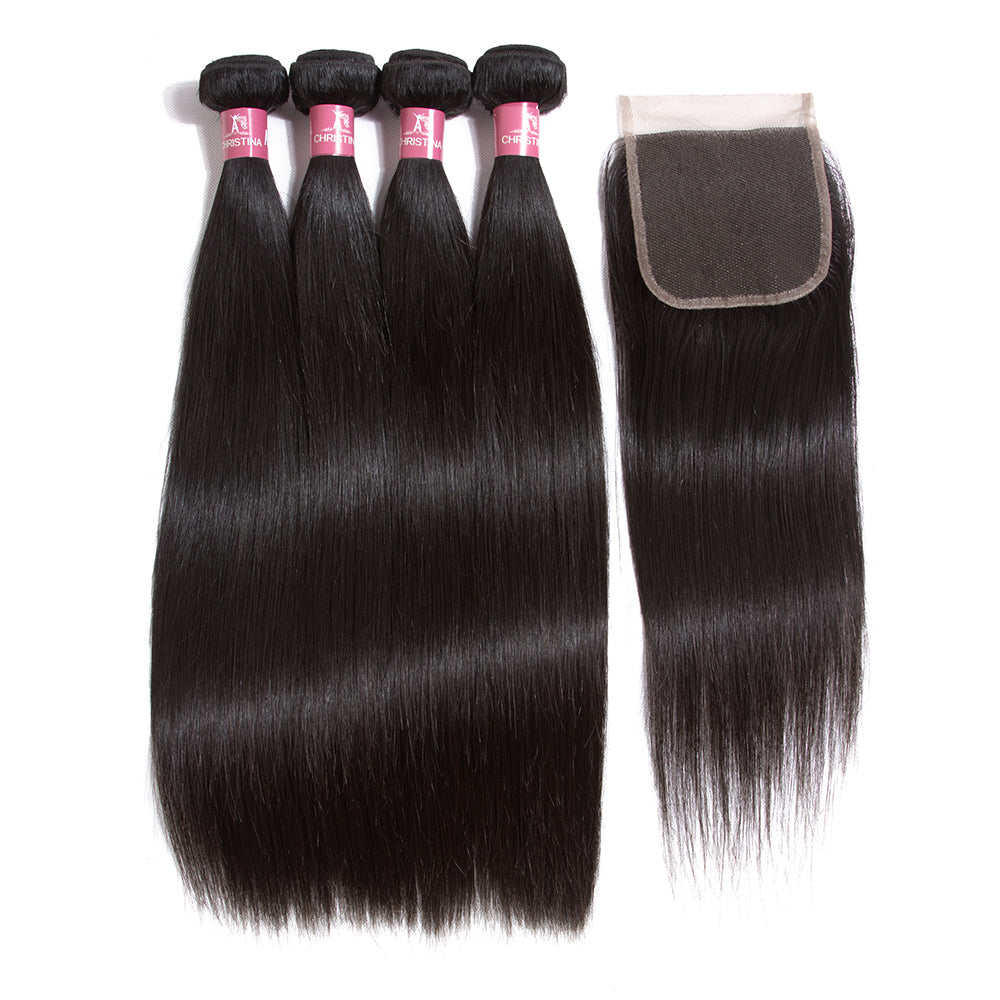 Brazilian Straight Hair 4 Bundles With 4*4 Lace Closure 10A Grade 100% Remy Human Hair - Amanda Hair