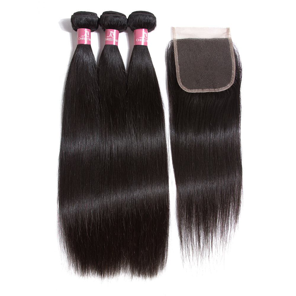 Amanda Peruvian Straight Hair 3 Bundles With 4*4 Lace Closure 10A Grade 100% Remy Human Hair