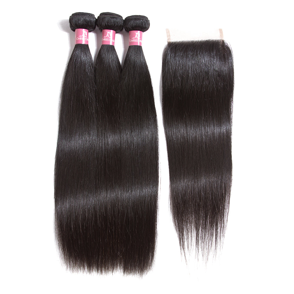 Cheveux raides péruviens Amanda 3 faisceaux avec fermeture à lacet 4*4 10A Grade 100% cheveux humains Remy
