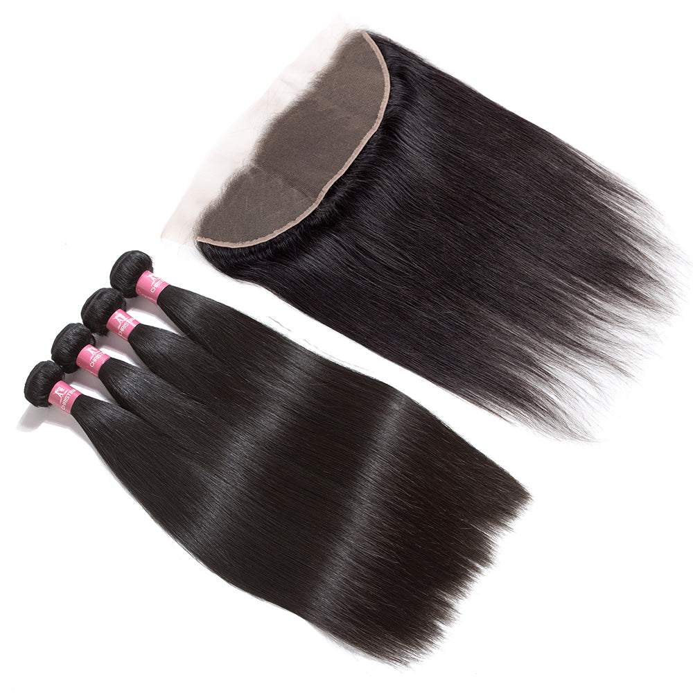 Cabello liso peruano Amanda 4 paquetes con 13*4 Frontal de encaje 10A grado 100% cabello humano Remy suave cabello ondulado brillante 