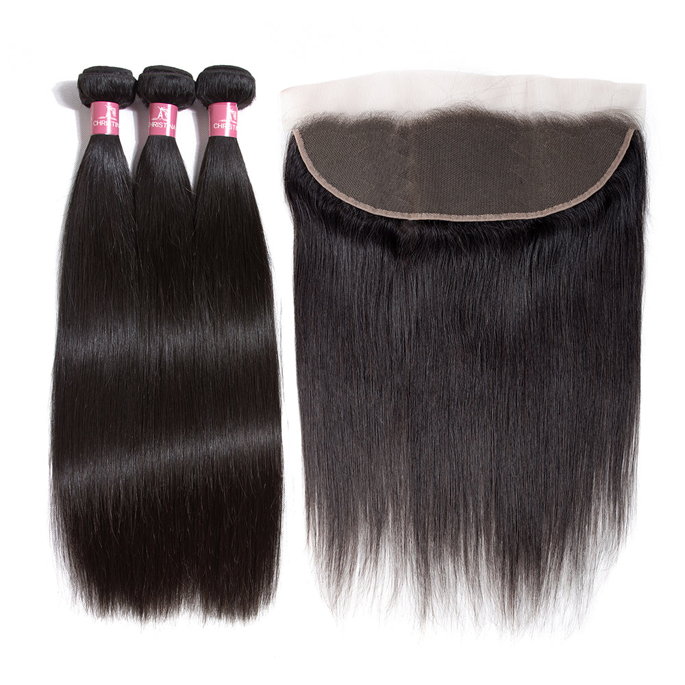 Amanda Mongolian Straight Hair 3 Bundles con 13 * 4 Lace Frontal 10A Grade 100% Remy Human Hair 