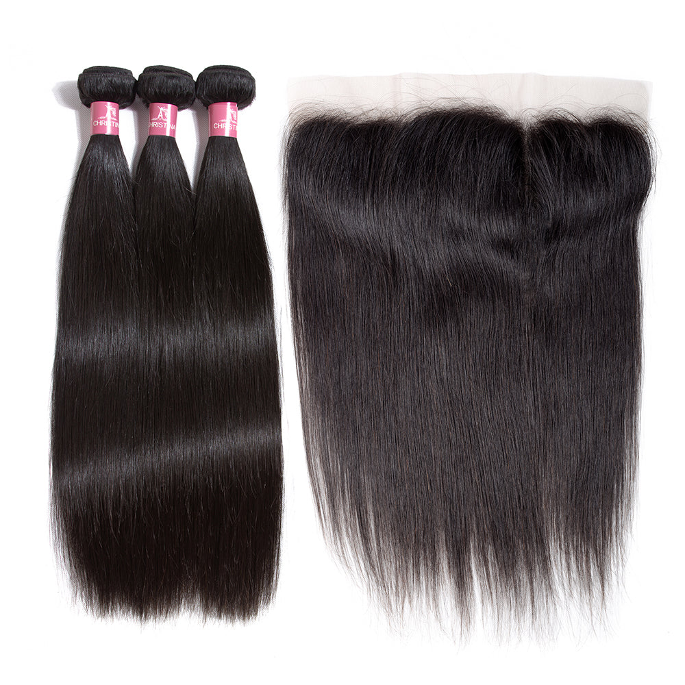 Amanda Mongolian Straight Hair 3 Bundles con 13 * 4 Lace Frontal 10A Grade 100% Remy Human Hair 