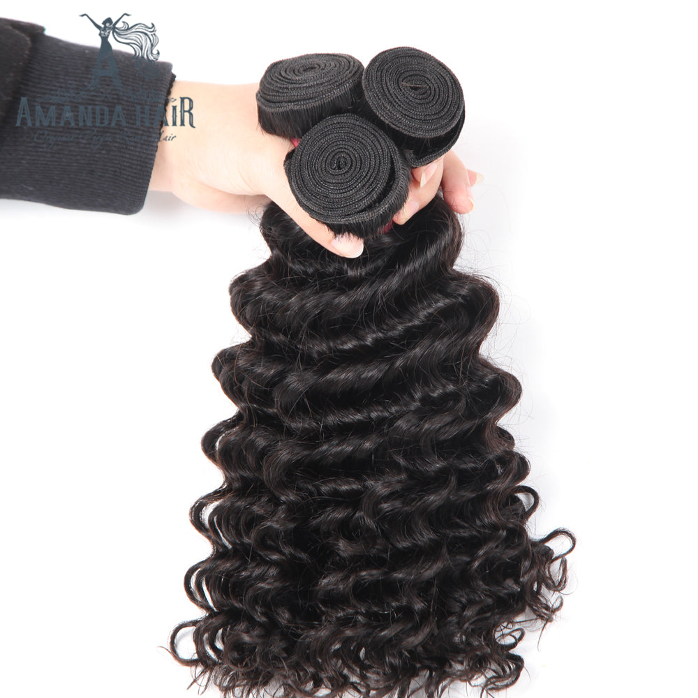 Cheveux indiens Amanda Deep Wave 3 faisceaux avec fermeture à lacet 4 * 4 Grade 9A 100% cheveux humains non transformés