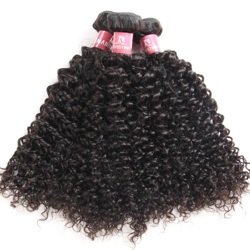 Amanda Indian Hair Kinky Curly 3 paquetes con 13 * 4 Frontal de encaje 10A Grado 100% Remi Cabello humano Suave y brillante Cabello ondulado