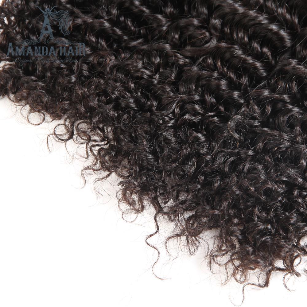 Amanda Malaysian Hair Kinky Curly 3 paquetes con 13 * 4 Lace Frontal 10A Grade 100% Remi Cabello humano Soft Shiny Wave Hair