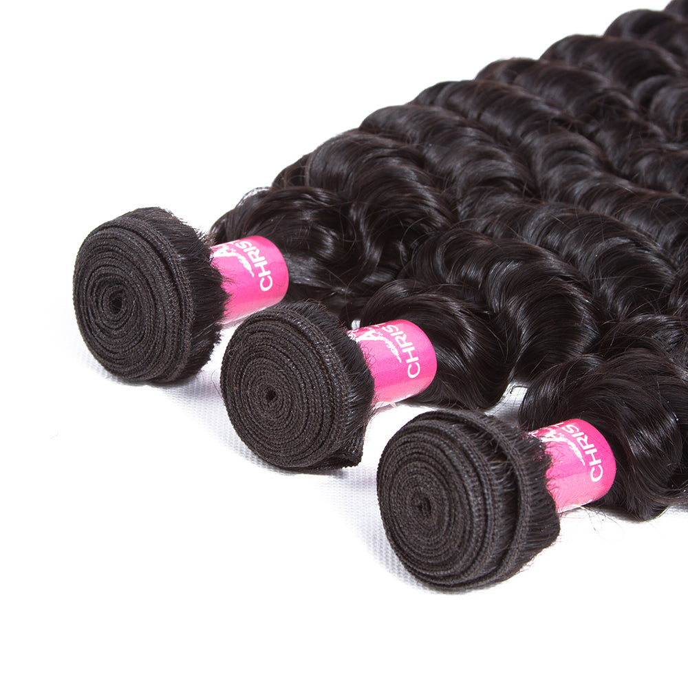 Amanda Malaysian Hair Deep Wave 3 paquetes con 13 * 4 Lace Frontal 10A Grado 100% Remi Cabello humano Atractivo cabello ondulado
