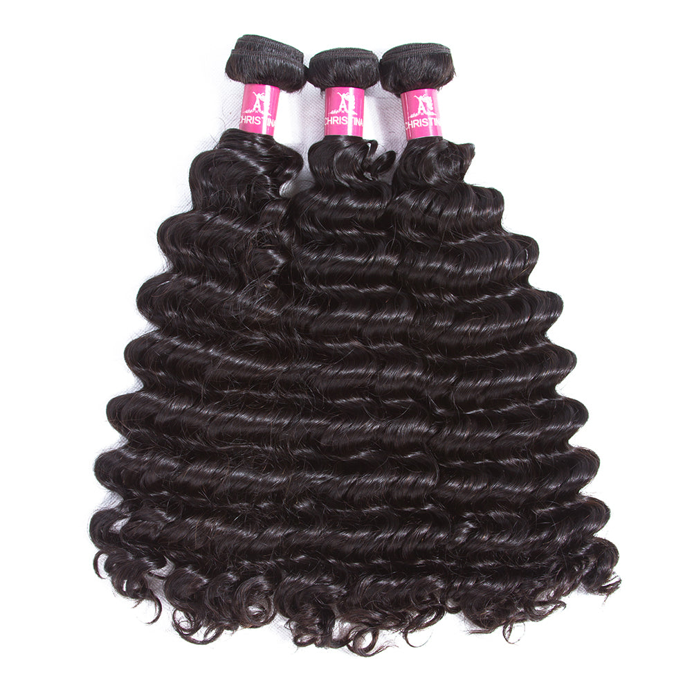 Deep Wave Brazilian Hair 3 Bundles With 4*4 Lace Closure 10A Human Hair Extensions-Amanda Hair