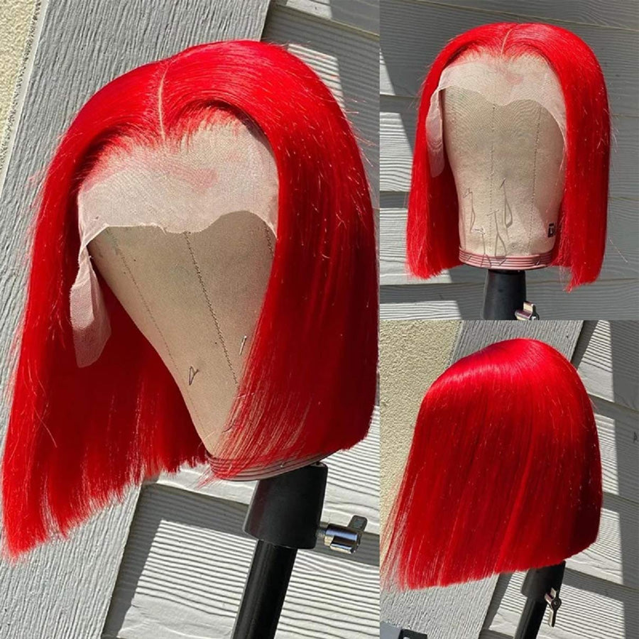 Couleur rouge cheveux raides dentelle avant Bob perruque perruques de cheveux humains pré plumé brésilien Remy cheveux dentelle frontale perruque-Amanda cheveux