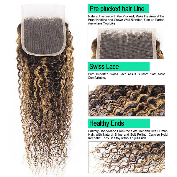 Kinky Curly Hair With Closure 3 Bundles With Closure Brown Ombre Honey Blonde Brazilian Hair Extensions  (P4/27)