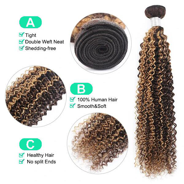 Kinky Curly Hair With Closure 3 Bundles With Closure Brown Ombre Honey Blonde Brazilian Hair Extensions  (P4/27)