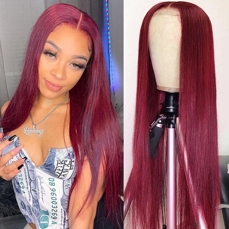 Straight Human Hair 99J Burgundy Wig T Part 13*4*1 Lace Frontal Colored Wigs-Amanda Hair