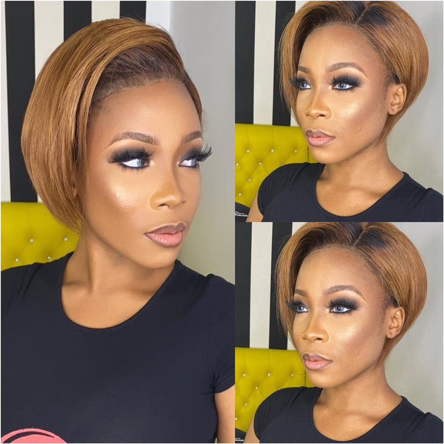 Straight Short Bob Side Part Lace Front Pixie Cut Wigs With Bang Cuticle Aligned Glueless Transparent J Shape Lace Bob Wig - Amanda Hair