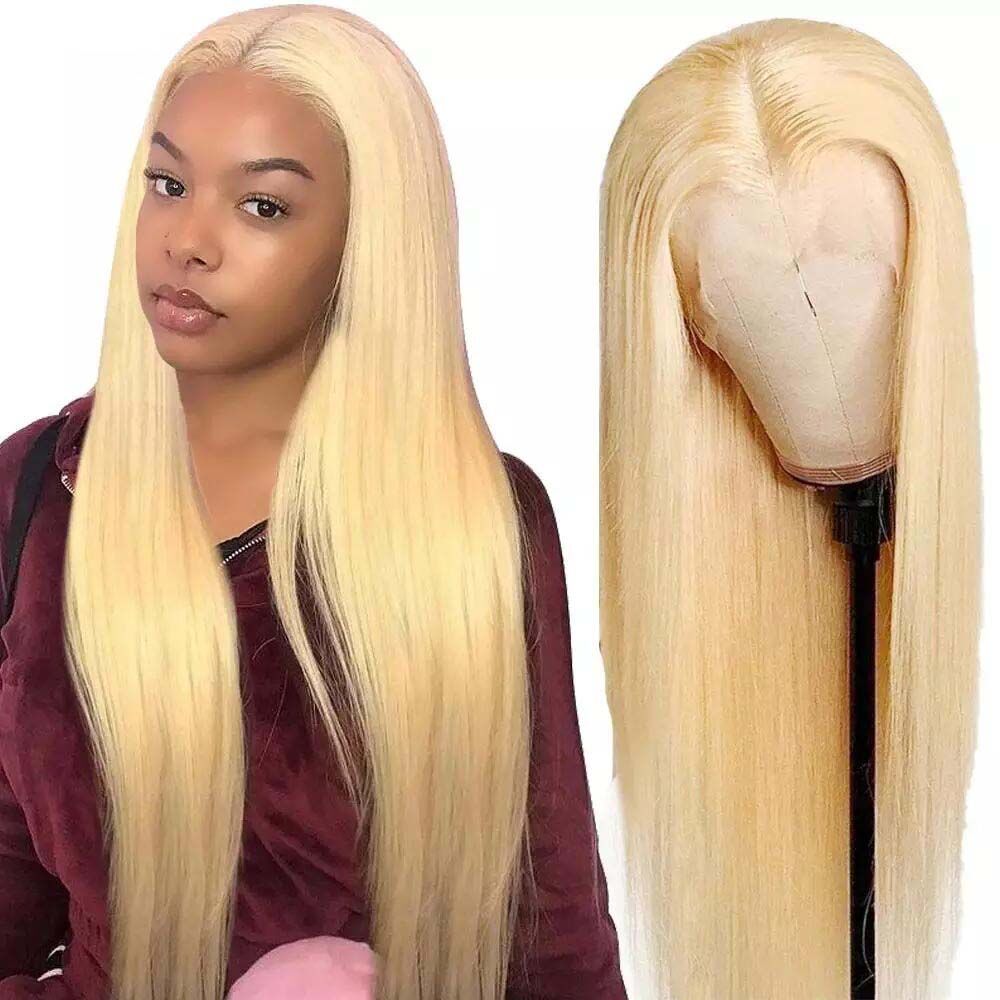 #613 Blonde Color straight T Part Glueless Lace Frontal Human Hair Wig 180% Density Lace Part Wigs - Amanda Hair