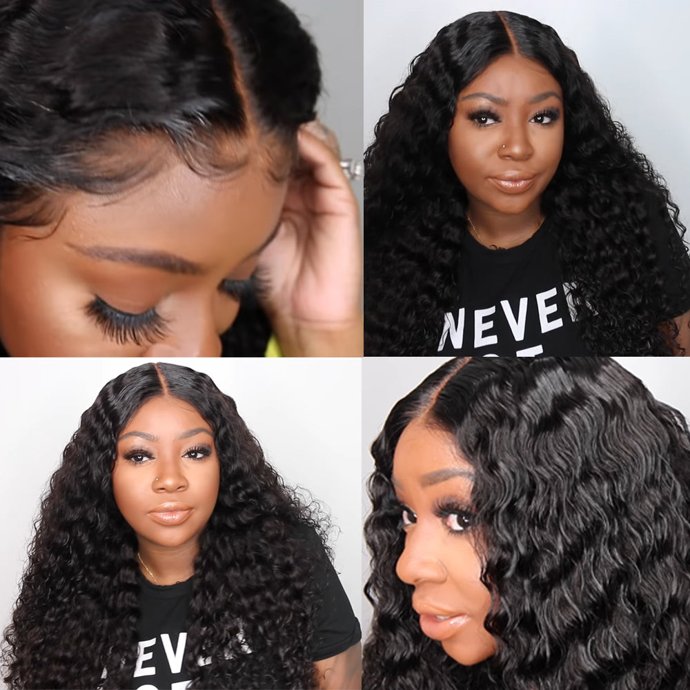 Glueless 180% Density Long Water Wave Hair T Part Lace Front Human Hair Hand Tied Wigs - Amanda Hair