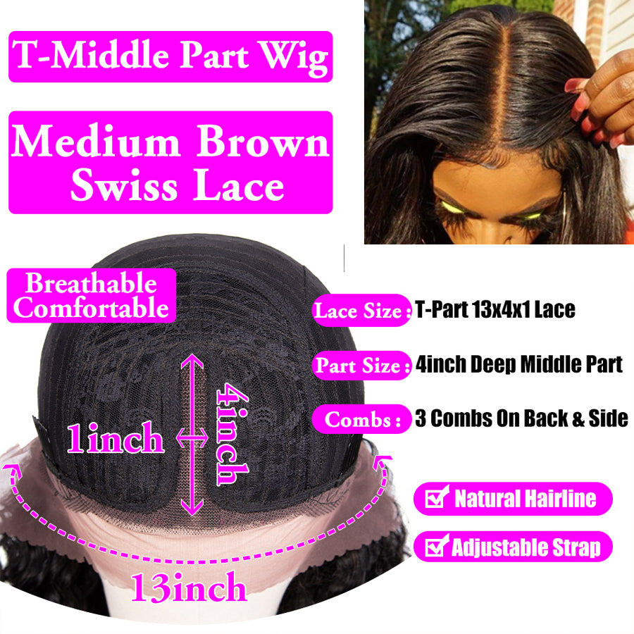 Body Wave Lace Part Human Hair Wig Preplucked 150% Density Middle Part Frontal Wigs 