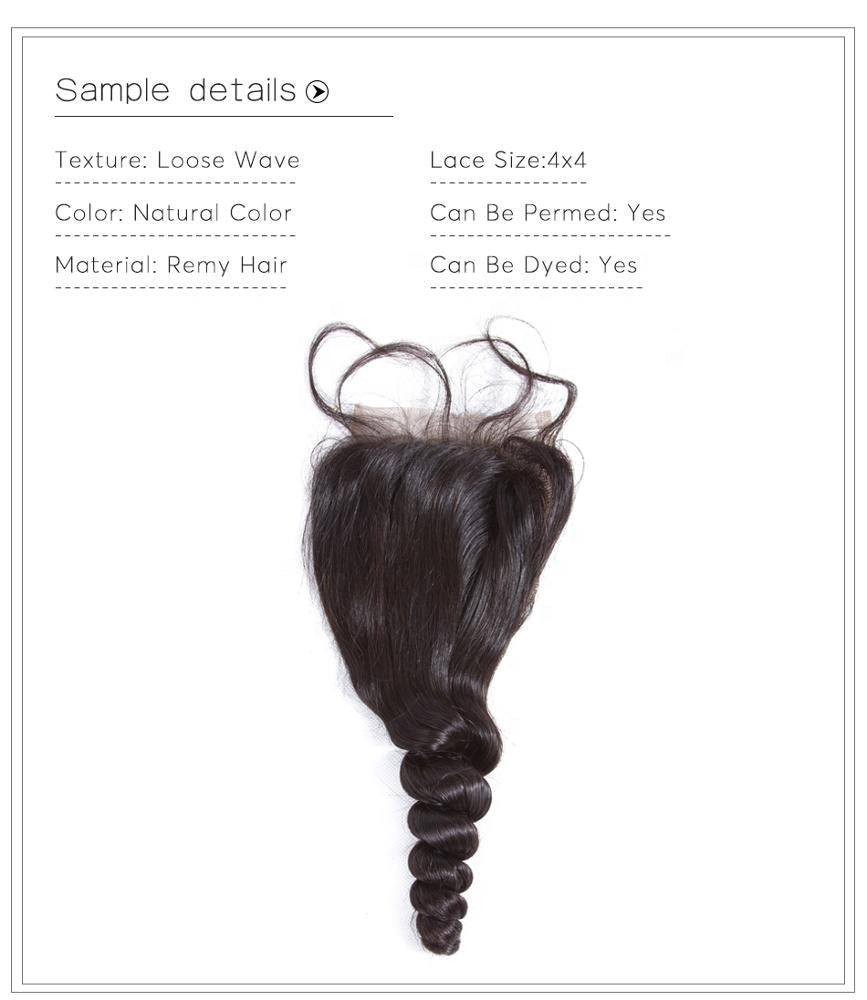 Amanda Indian Hair Loose Wave 4 paquetes con 4 * 4 Cierre de encaje 9A Grado 100% Cabello humano sin procesar