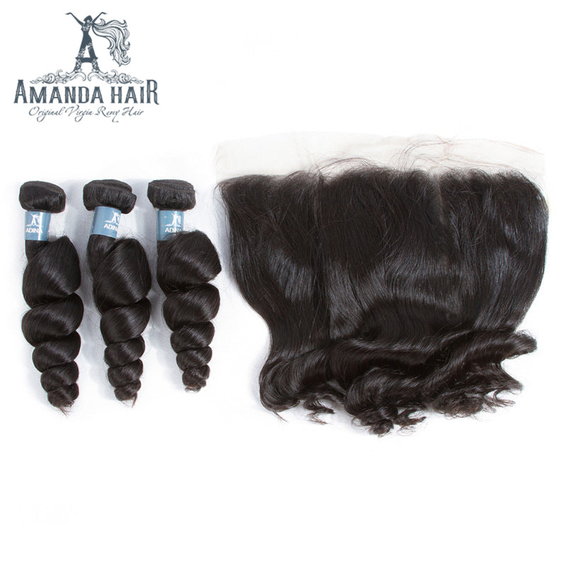 Amanda mongole cheveux vague lâche 4 faisceaux avec 13*4 dentelle frontale 9A Grade 100% cheveux humains non transformés
