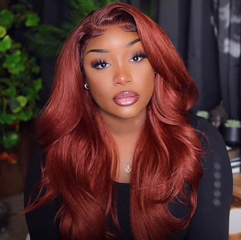 Reddish Brown Body Wave Transparent Lace Front Wigs Deep Hairline 100% Human Hair #35 Auburn Color Fall Wigs
