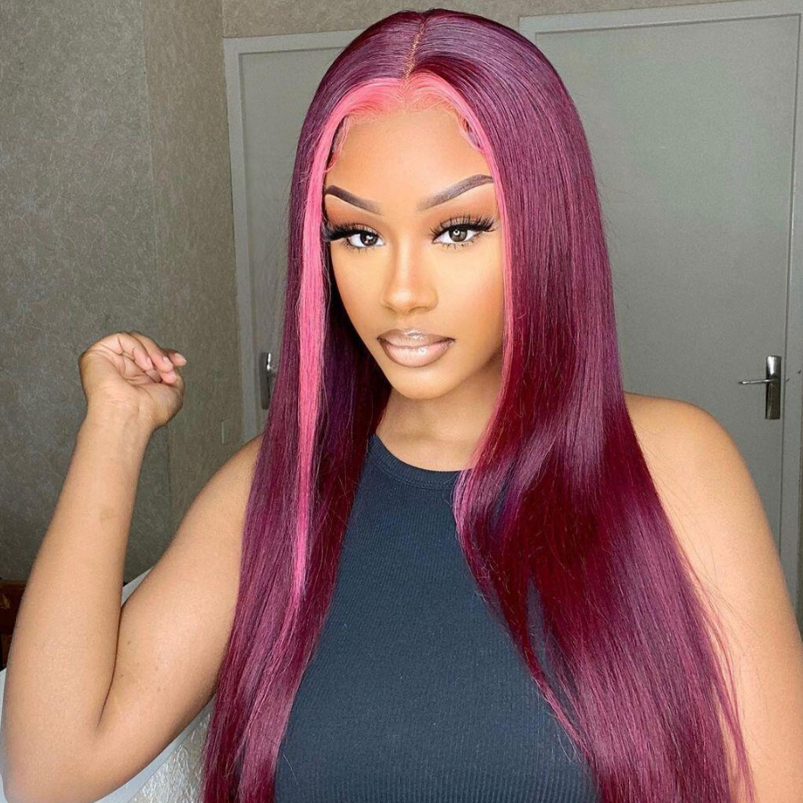 Highlights 99J Straight / Pink Lace Closure Human Hair Wigs  Ombre Burgundy Red Colored HD Transparent 4x4/13*4 Lace Front Wig With Baby Hair-Amanda Hair