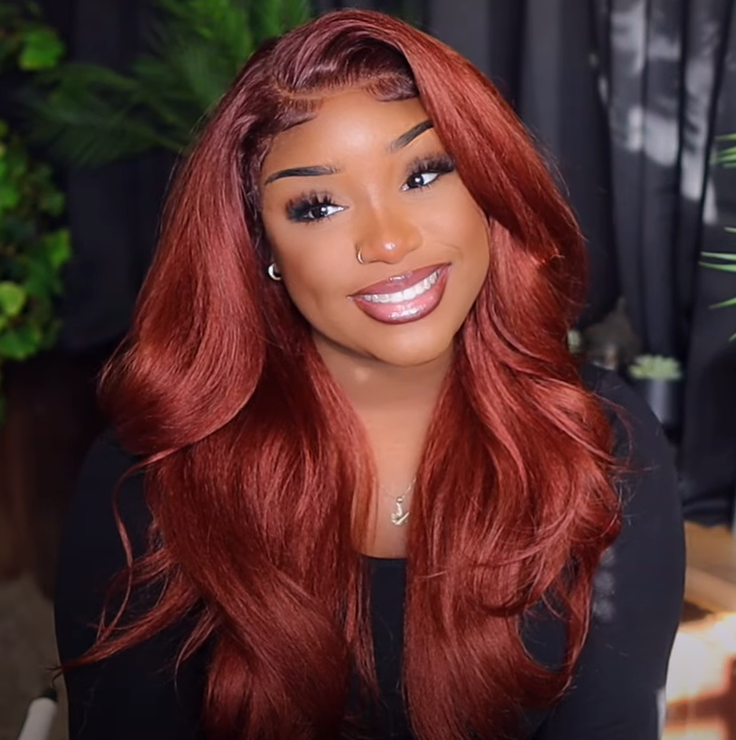 Reddish Brown Body Wave Transparent Lace Front Wigs Deep Hairline 100% Human Hair #35 Auburn Color Fall Wigs